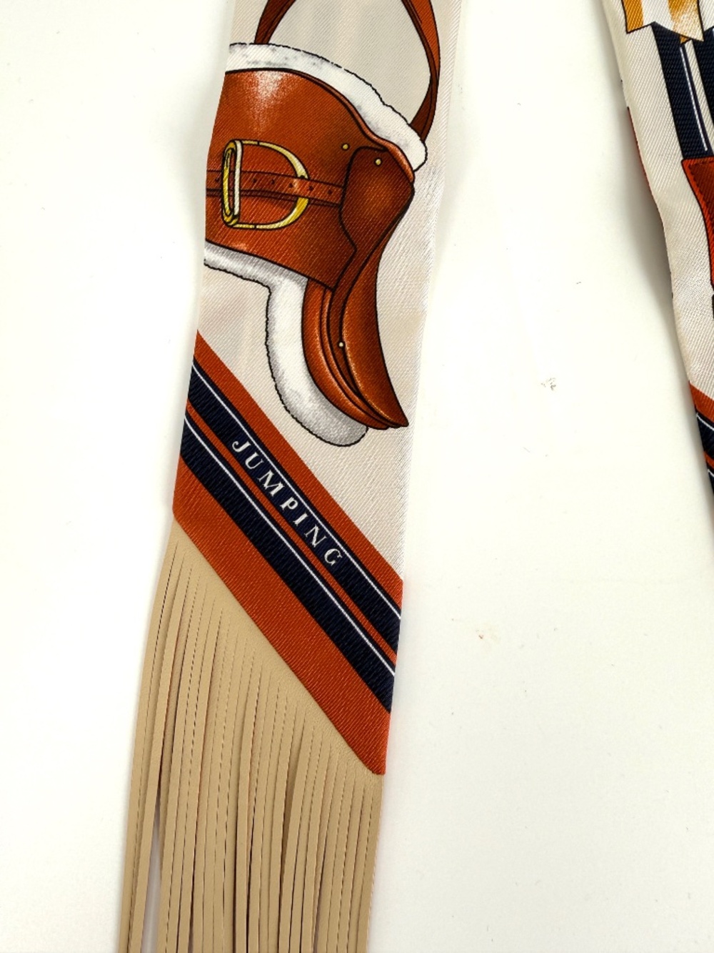 Sold Hermes Jumping Creme Alezan Anthracite Silk Calfskin Leather Fringe Scarf - Picture 10 of 12
